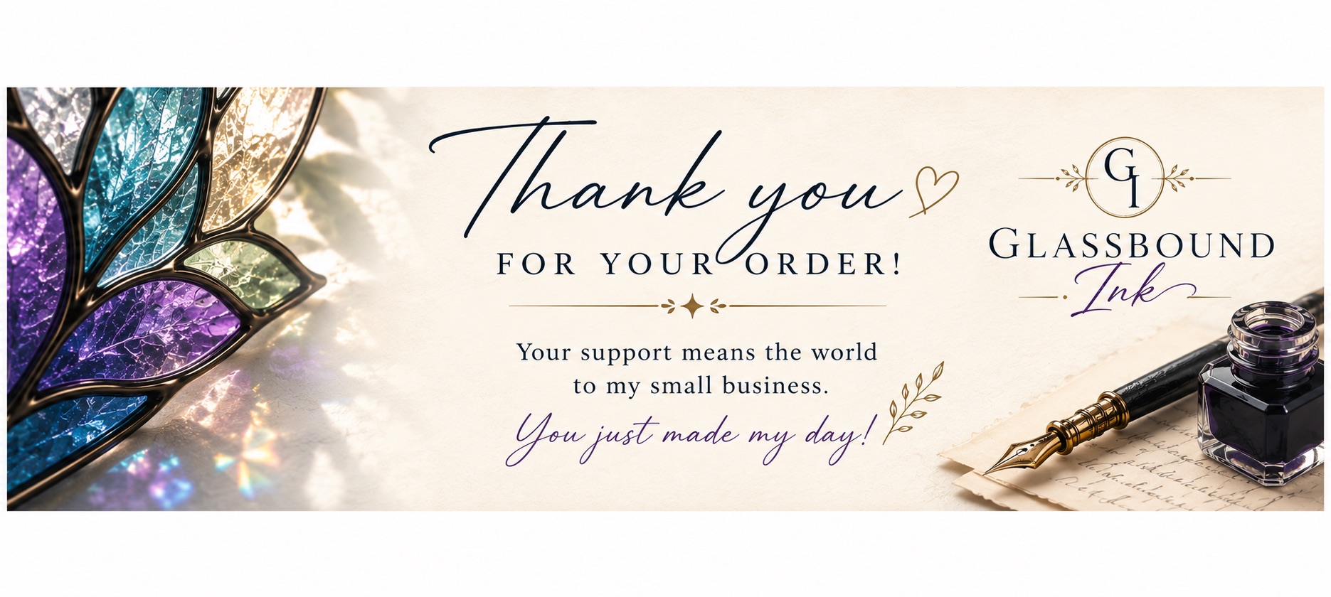 Glassbound Ink thank-you card with stained glass, ink, and a message thanking customers for their order.